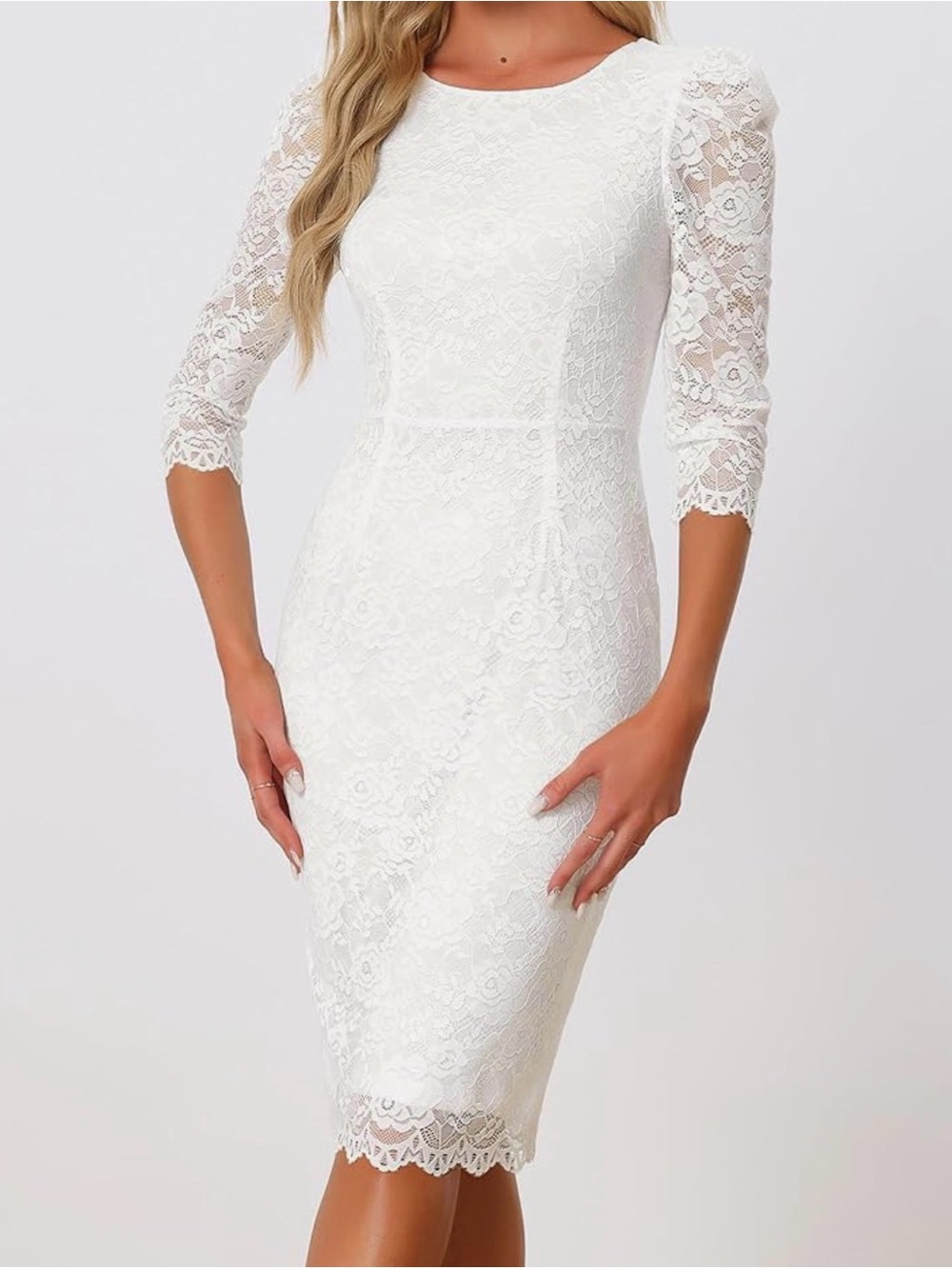 White Elegant Lace Midi Sheath Dress with Three-Quarter Sleeves